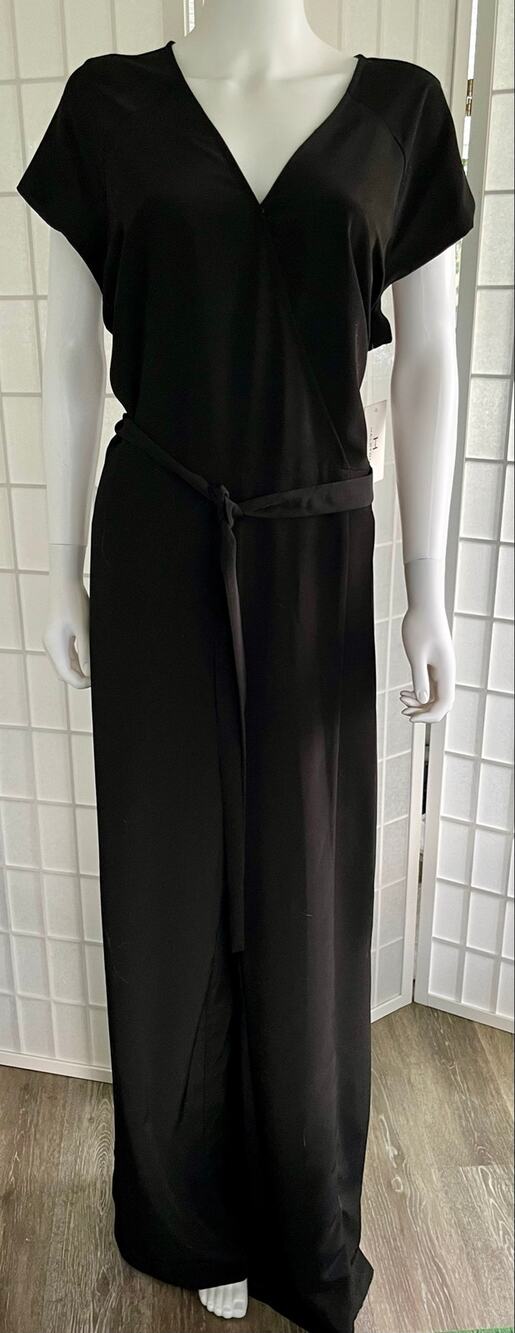 H by Halston Jumpsuit Womens XL Black Wide Leg Wrap V Neck Belted NWT
